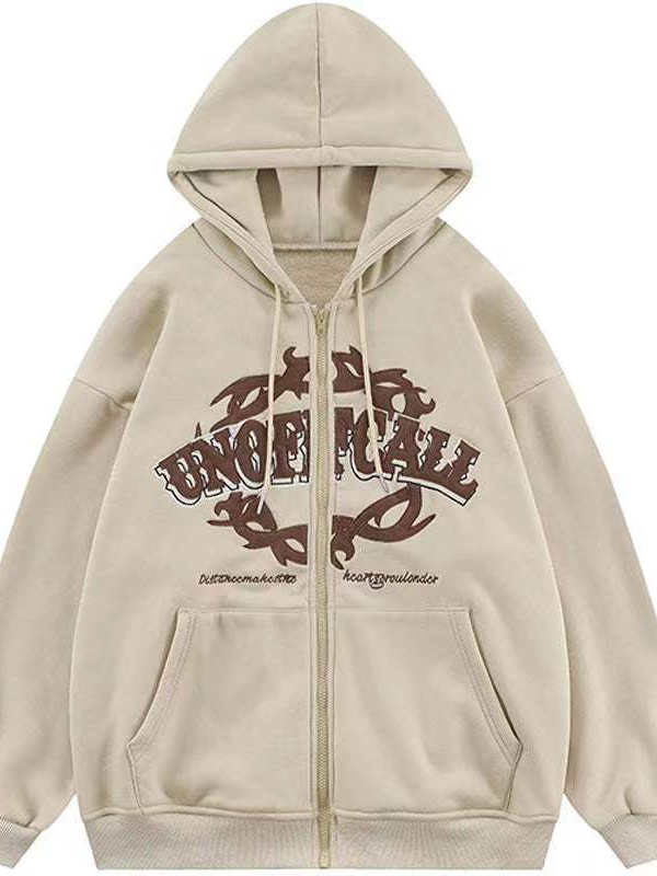 Street Style Letter Printed Zipered Fleece Unisex Hoodie