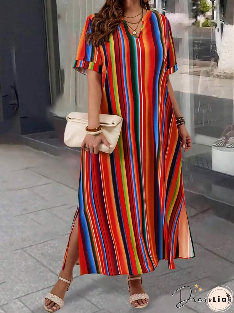 Plus Size Notched Neck Striped & Printed Split Hem Summer Casual Vacation Short Sleeve Dress