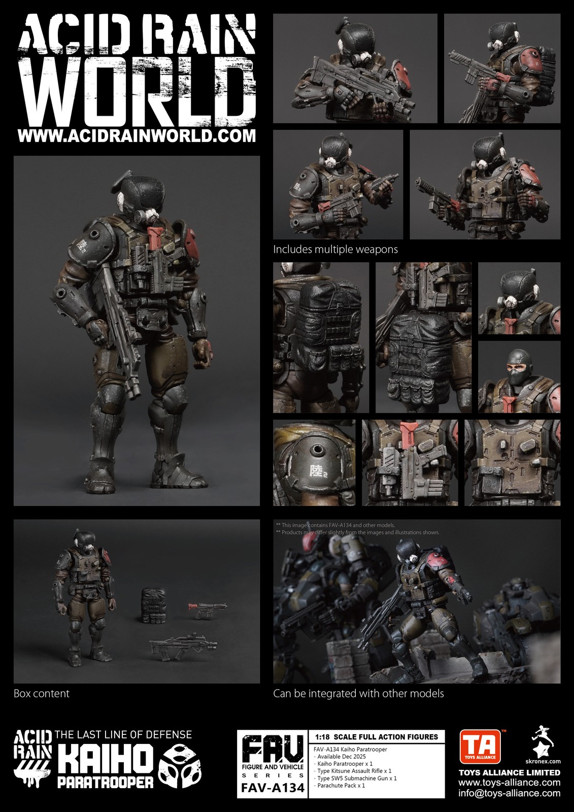 Acid Rain World FAV-A134 Kaiho Paratrooper 1/18 Action Figure Soldier Toys Model 3.75in Post-Apocalyptic Military Figurine PVC ABS Material Weathered Paint Job Multiple Articulation Points Parachute Pack Type Kitsune Assault Rifle SW5 Submachine Gun Premi