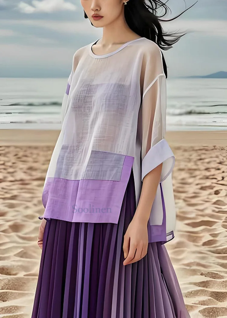 Pre sale - shipping in 30 days/Beautiful O Neck Side Open Patchwork Cotton Blouse Tops Summer