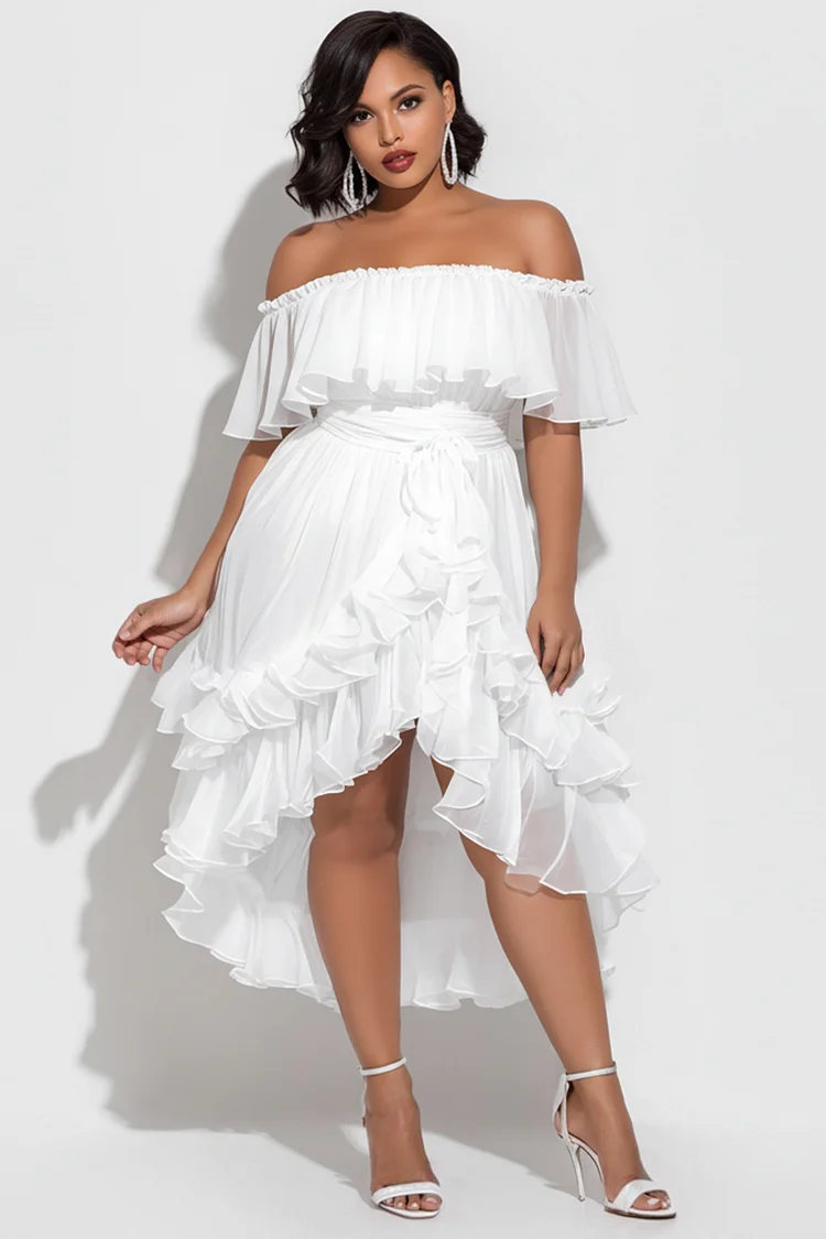 Xpluswear Design Plus Size Vacation White Off The Shoulder Ruffle Chiffon Midi Dresses [Pre-Order] 2024 - Xpluswear
