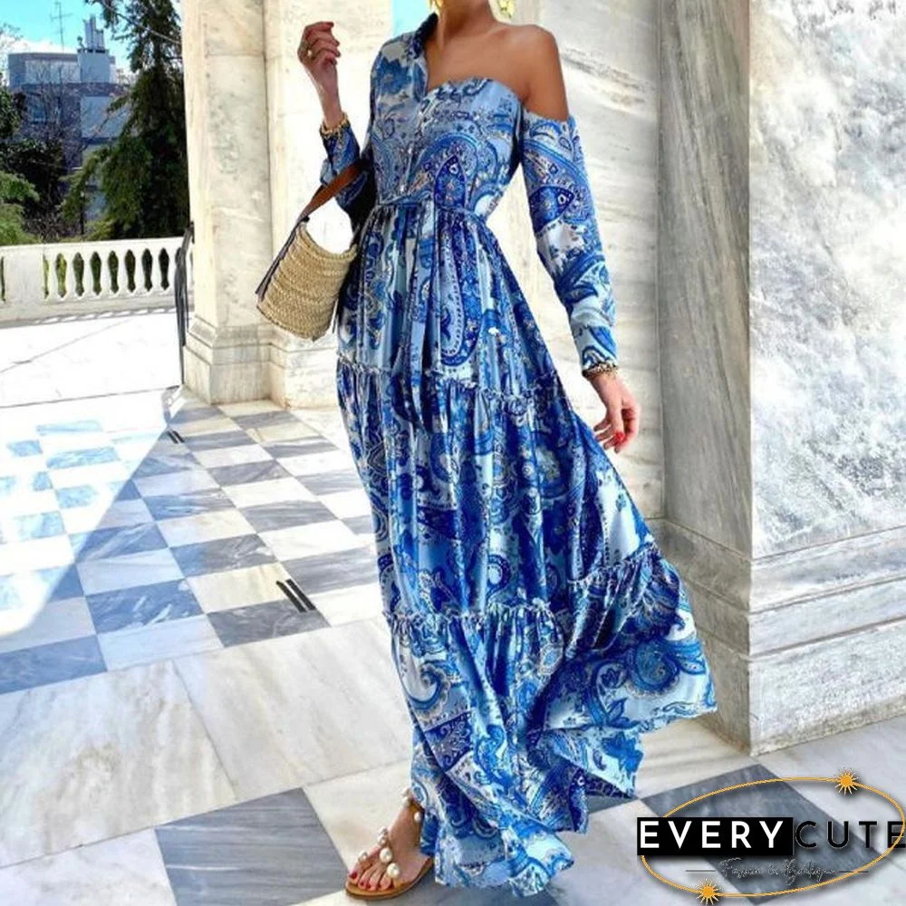 Lapel One Shoulder Printed Blue Dress