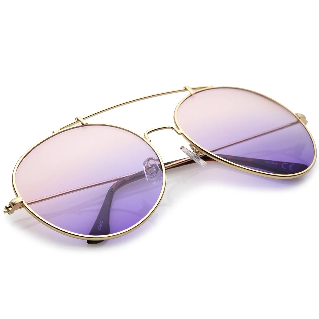 Oversize Metal Double Nose Bridge Slim Arms Gradient Round Lens Aviator glasses 64mm