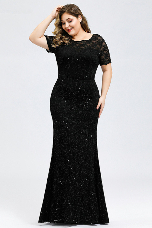 Sparkle Short Sleeve Black Lace Evening Gowns Mermaid Prom Dress With ...