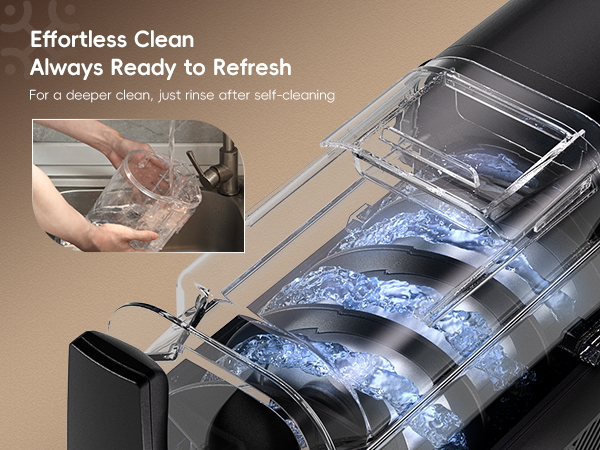 Text reads 'Effortless Clean Always Ready to Refresh' and 'For a fresher clean, just rinse after use cleaning.' Series of images showing device cleaning and maintenance steps.
