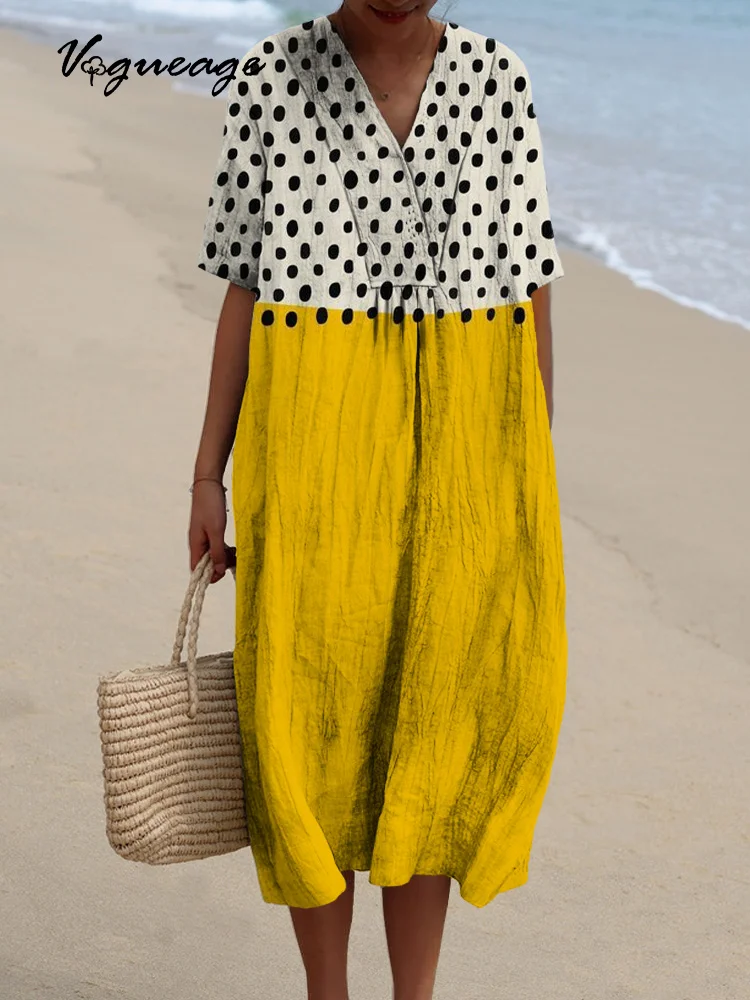 Gentle And Elegant Black Spots And Bright Yellow Stitching Printed Women's Casual Cotton And Linen Dress