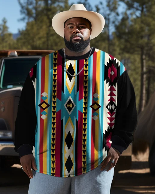 Men's Plus Size Western Ethnic Diamond Color Block Long Sleeve Crew Neck Sweatshirt