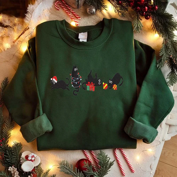 Christmas Cat Embroidery Sweatshirt, Funny Black Cat Hoodie
