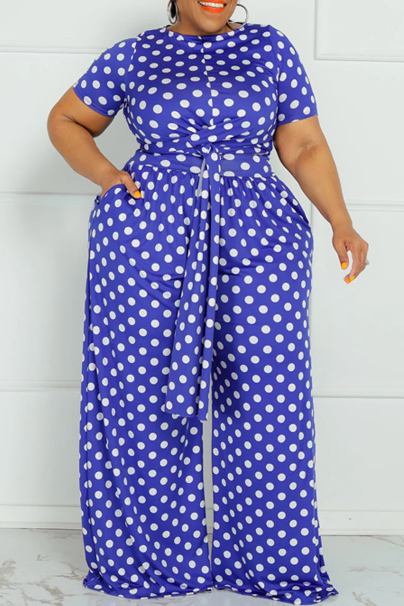 Blue Fashion Casual Dot Print Bandage O Neck Plus Size Two Pieces