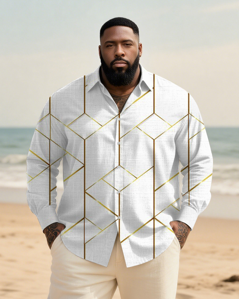 Big & Tall Men's Daily White Geometric Print Long Sleeve Bamboo Hemp Texture Shirt