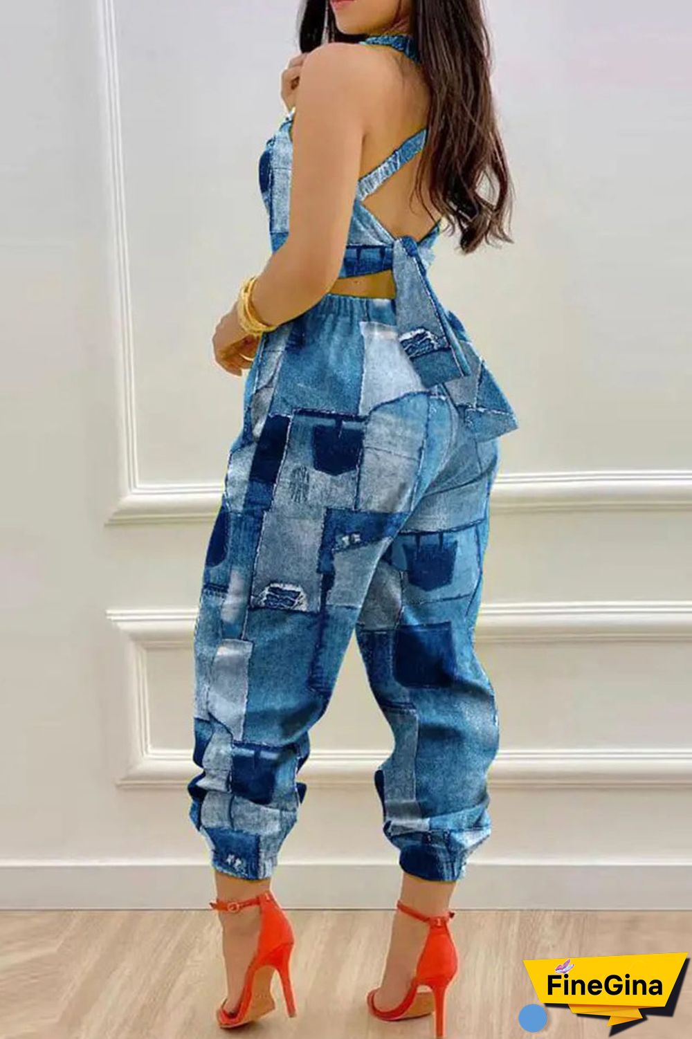 White Sexy Print Bandage Patchwork Backless Spaghetti Strap Regular Jumpsuits