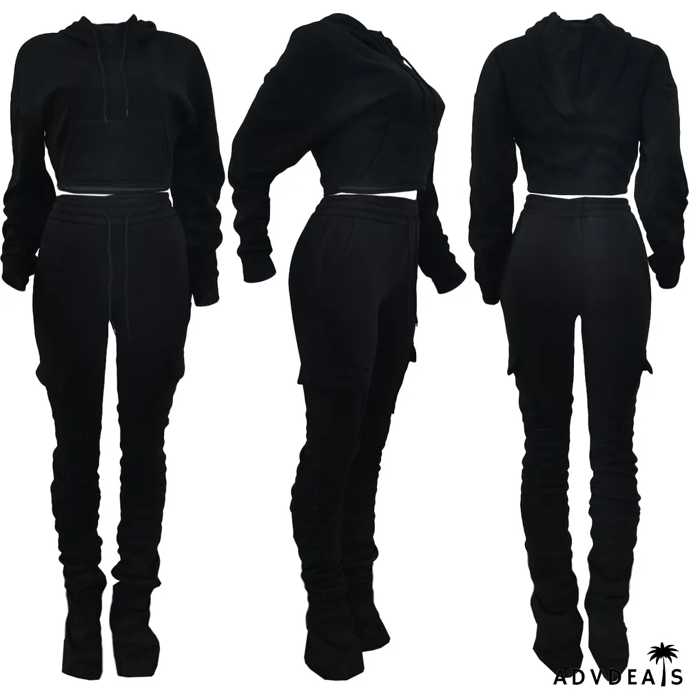 Solid Fleece Hoodie Top Pile Pants Casual Two Piece Sets