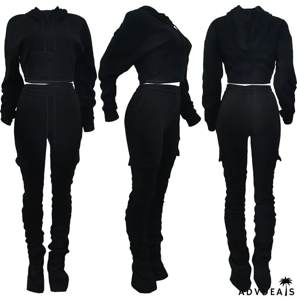 Solid Fleece Hoodie Top Pile Pants Casual Two Piece Sets