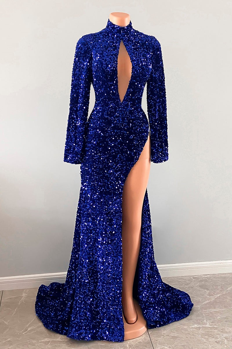 Bellasprom Royal Blue Keyhole Mermaid Prom Dress Sequins Long Sleeves Slit