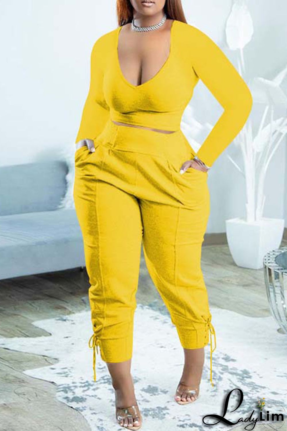 Yellow Casual Solid Bandage Patchwork V Neck Long Sleeve Two Pieces
