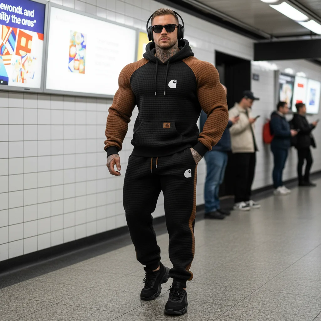 Men's Vintage Black Brown Waffle Quilted Plaid Pocket Hoodie And Sweatpants Jogger Set