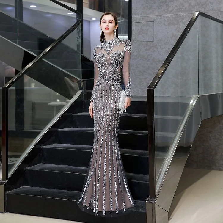 Women's Slimming Long Sleeve Evening Gowns with Beaded High Neck Maxi Dress