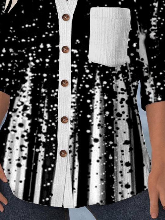 Women 3/4 Sleeve Shirt Collar Polka Dot Printed Graphic Lace Button Pockets Tops