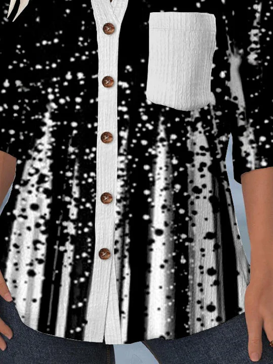 Women 3/4 Sleeve Shirt Collar Polka Dot Printed Graphic Lace Button Pockets Tops