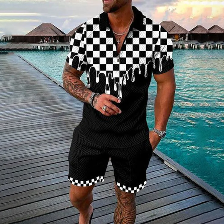 BrosWear Plaid Water Drop Printing Short Sleeve Polo Shirt And Shorts Co-Ord