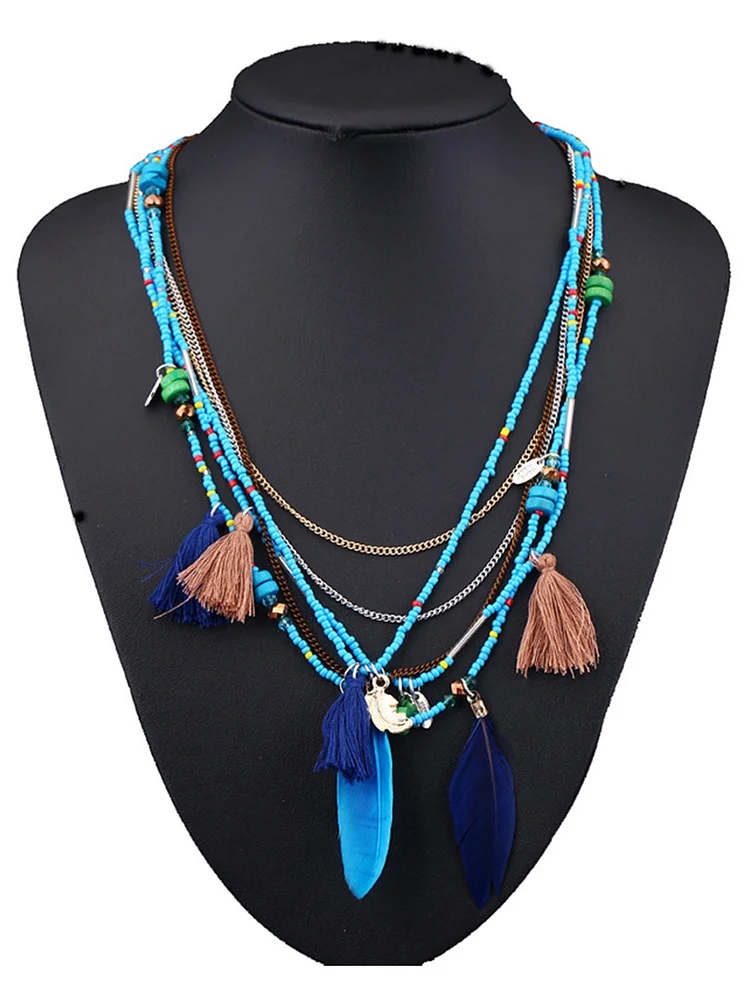 Bohemian Tassel Feather Multi-Layered Beaded Necklace