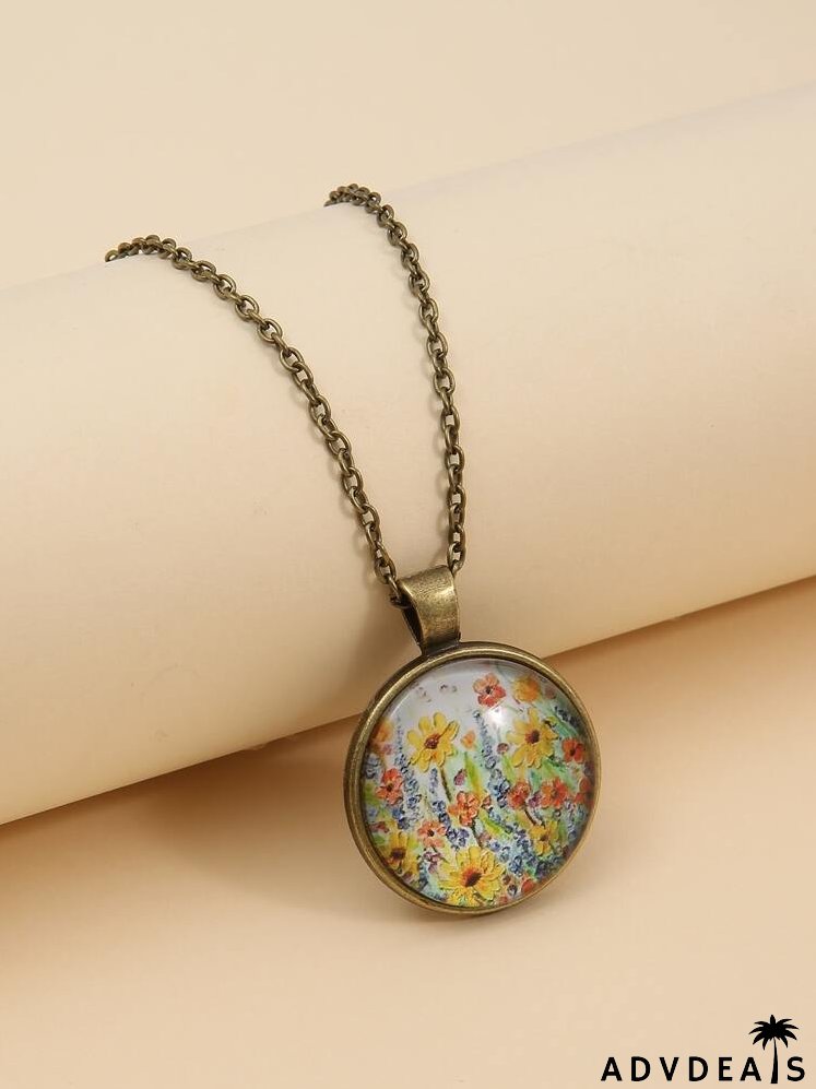Flower Print Round Pendant Necklace