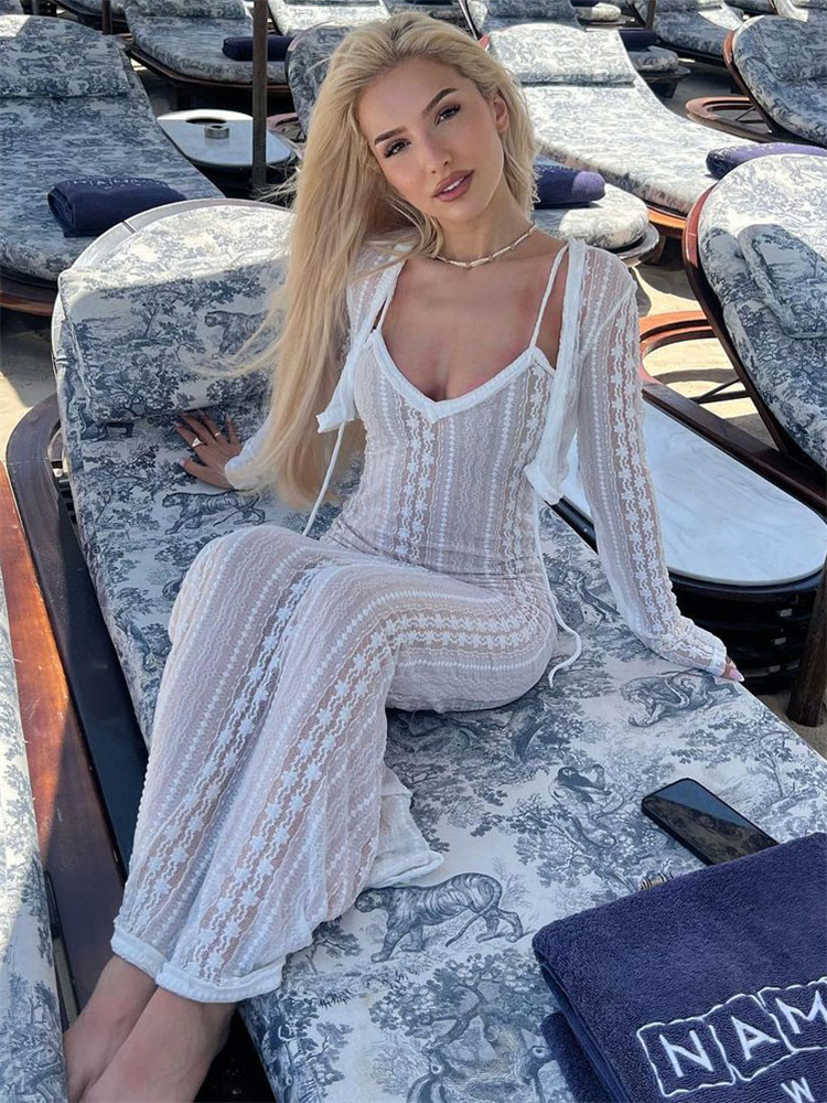 Ootddress Female Elegant Hollow Out Maxi Dress V-Neck Long Sleeve Split Party Dress Evening Tiered Fashion Summer Halter Dress 2025