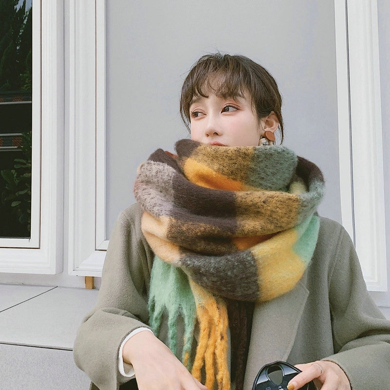 Knock On The Beauty Drop ~ A Big Love Thick Braid Rainbow Checkered Color Matching Scarf Winter Cashmere Plaid Tassel Shawl