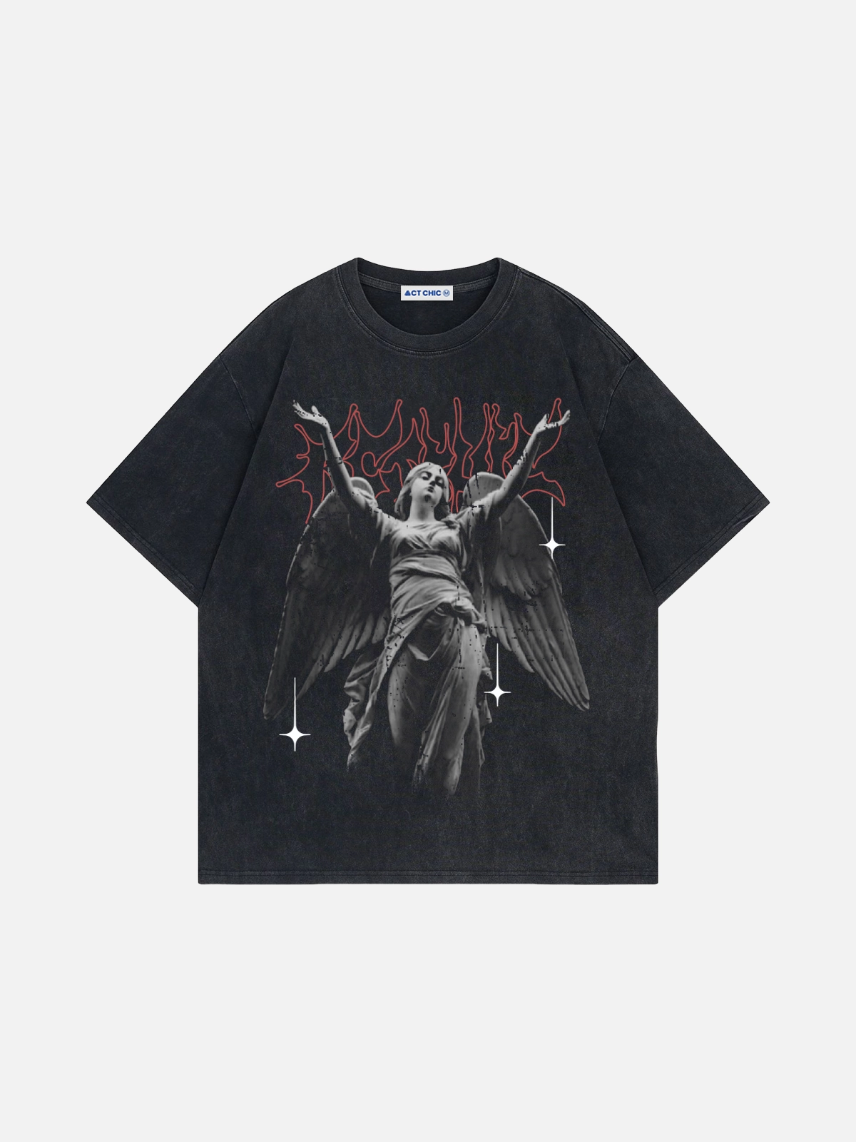Black Act Chic Gothic Angel Print Graphic Tee Front