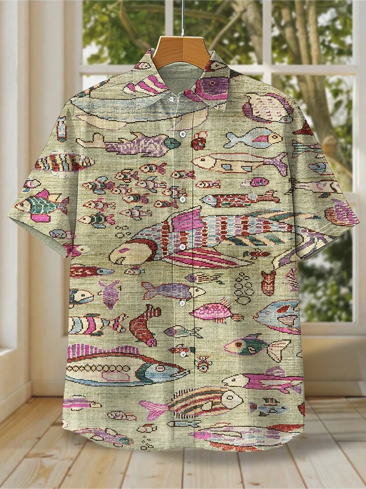 Men's Vintage Colored Fish Printed Short Sleeve Shirt
