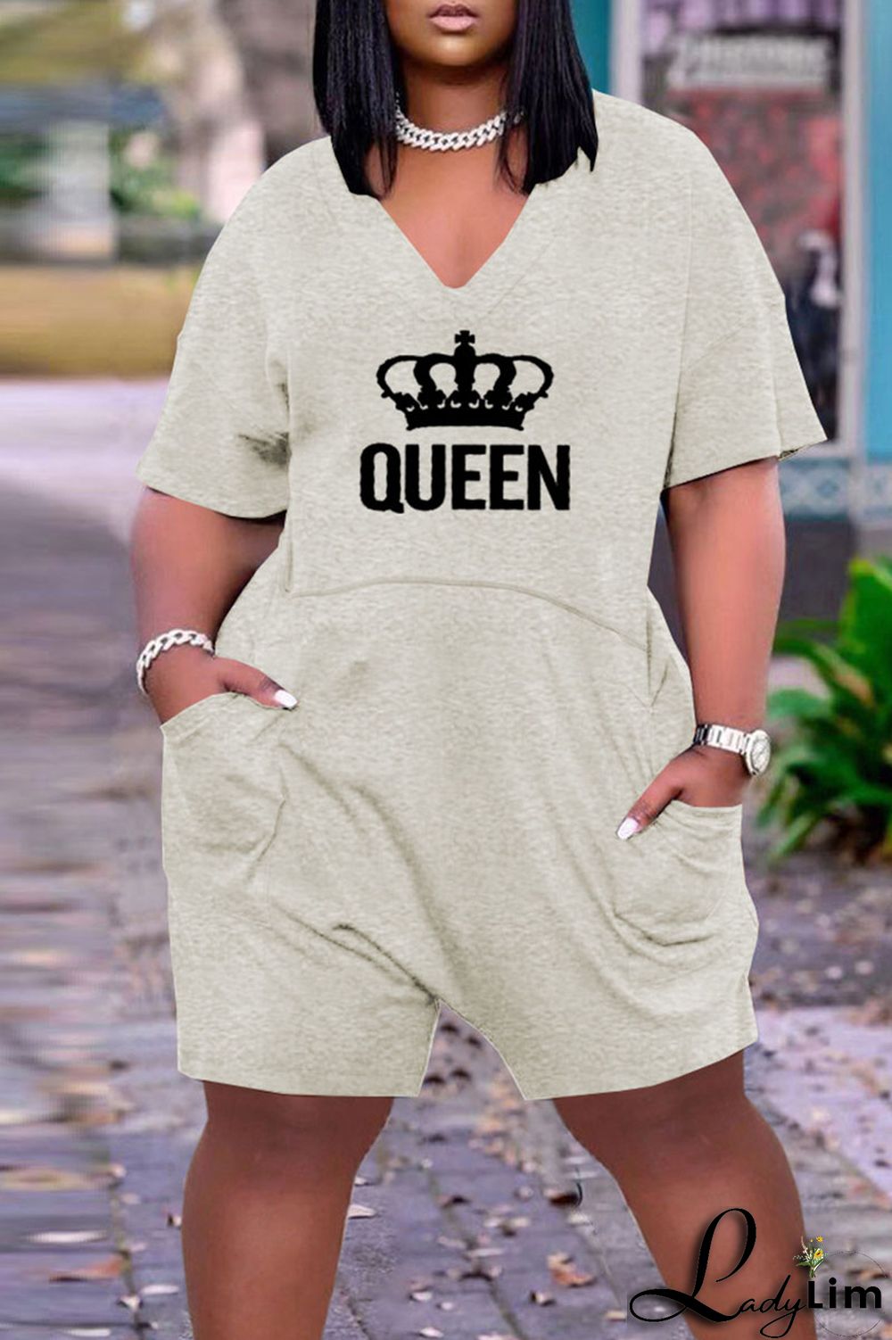 Light Gray Casual Print Split Joint Pocket V Neck Loose Jumpsuits