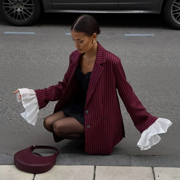 Athvotar Athvotar Style Splicing Free Hot Treatment Striped Small Blazer Female High-End Fashion