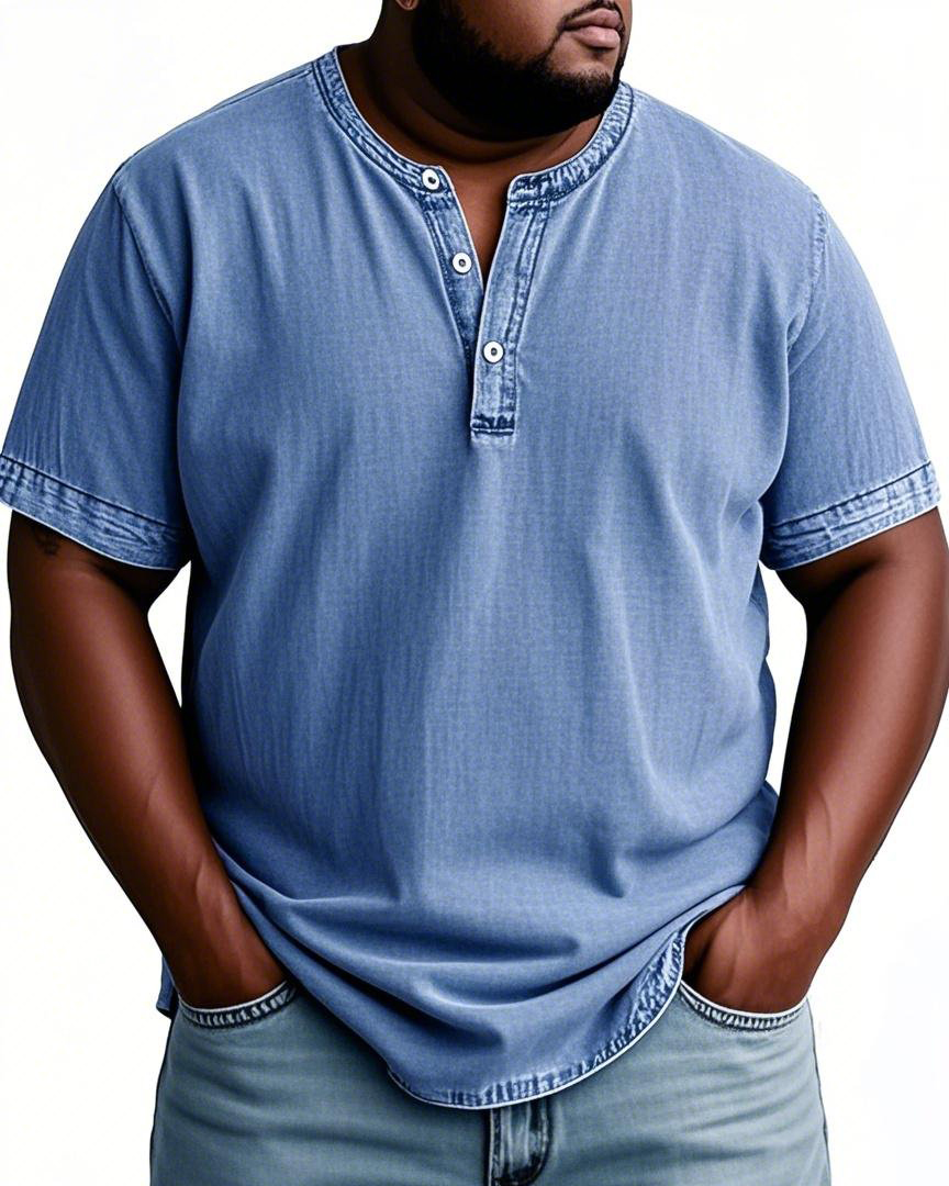 Men's Plus Size Washed Cotton Henley Collar Short Sleeve T-Shirt