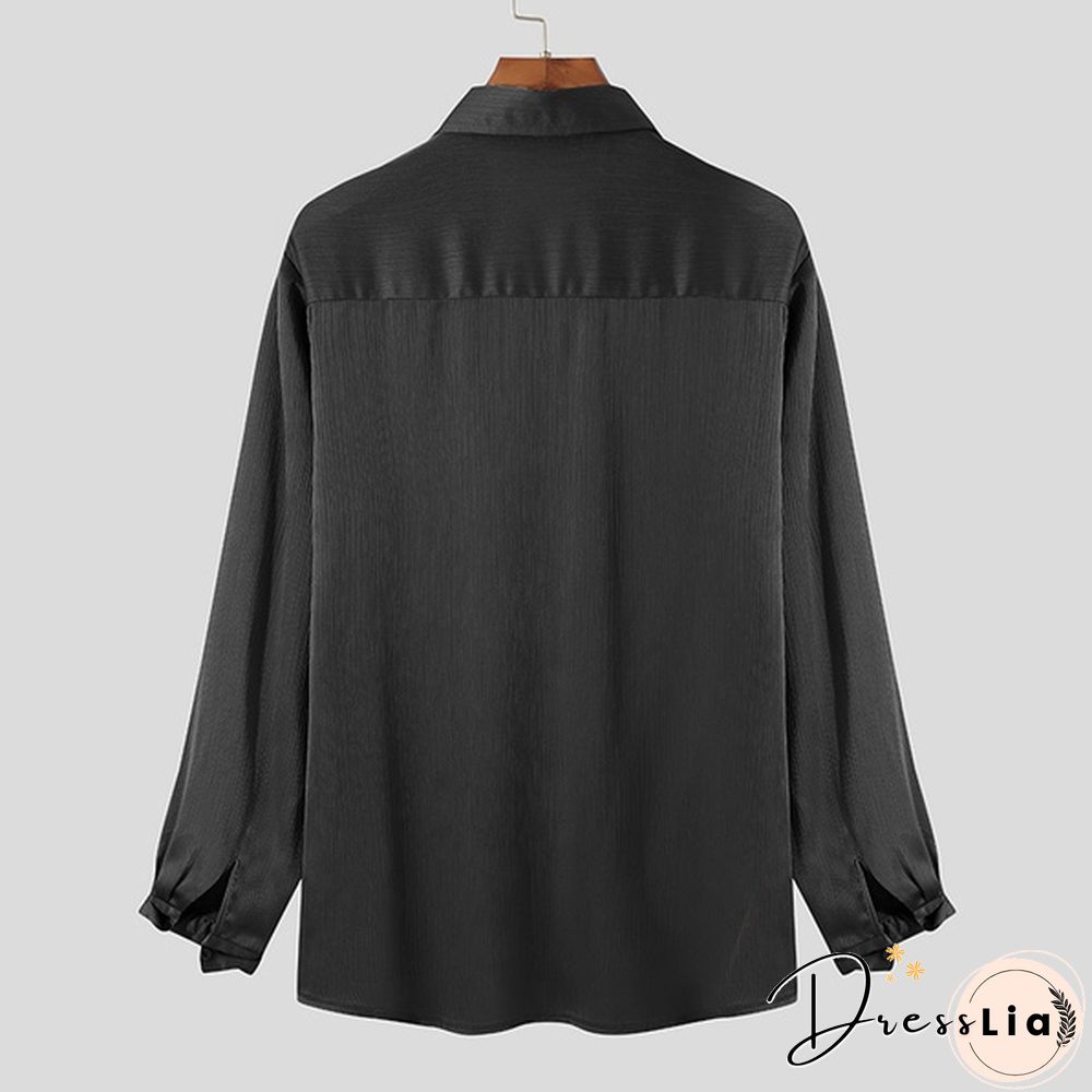 Fashion Men Long Sleeve Silky Shirts Bow Flounce Dance Loose Blouse Tee Tops
