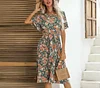 Floral Round Neck Short Sleeve Pleated Butterfly Sleeve Midi A Line Vacation Dress