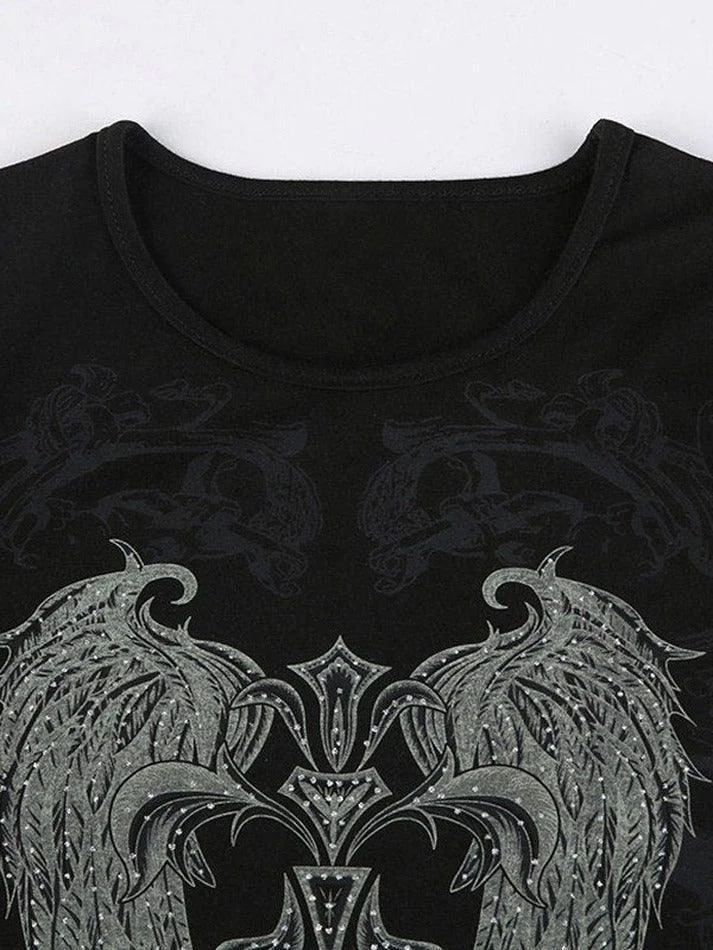 Brownm Rhinestone Decor Grunge Wing Printed Crop Top