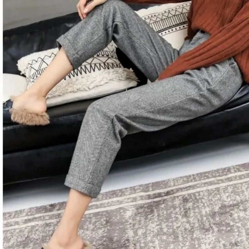 Khaki Retro Pattern Harem Pants 2021 Fall Winter New High Waist Woolen Suit Pants Loose Casual Straight Cropped Pants Women