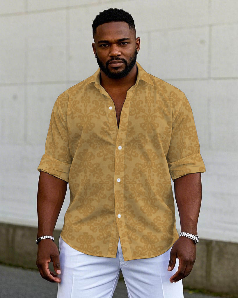 Men's Plus Size Business Khaki Vintage Pattern Jacquard Long Sleeve Shirt