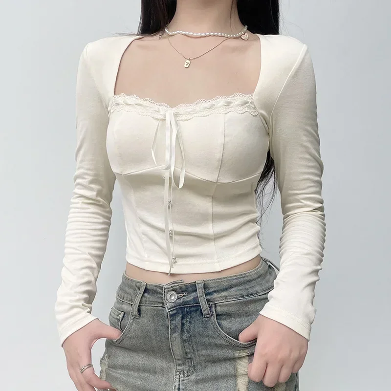 Huibahe Lace Ribbons Tie-up Cropped Top Beige Color Gentle Mature Slim Long Sleeve T-shirts Buttons Cute Knitted Tops Y2K