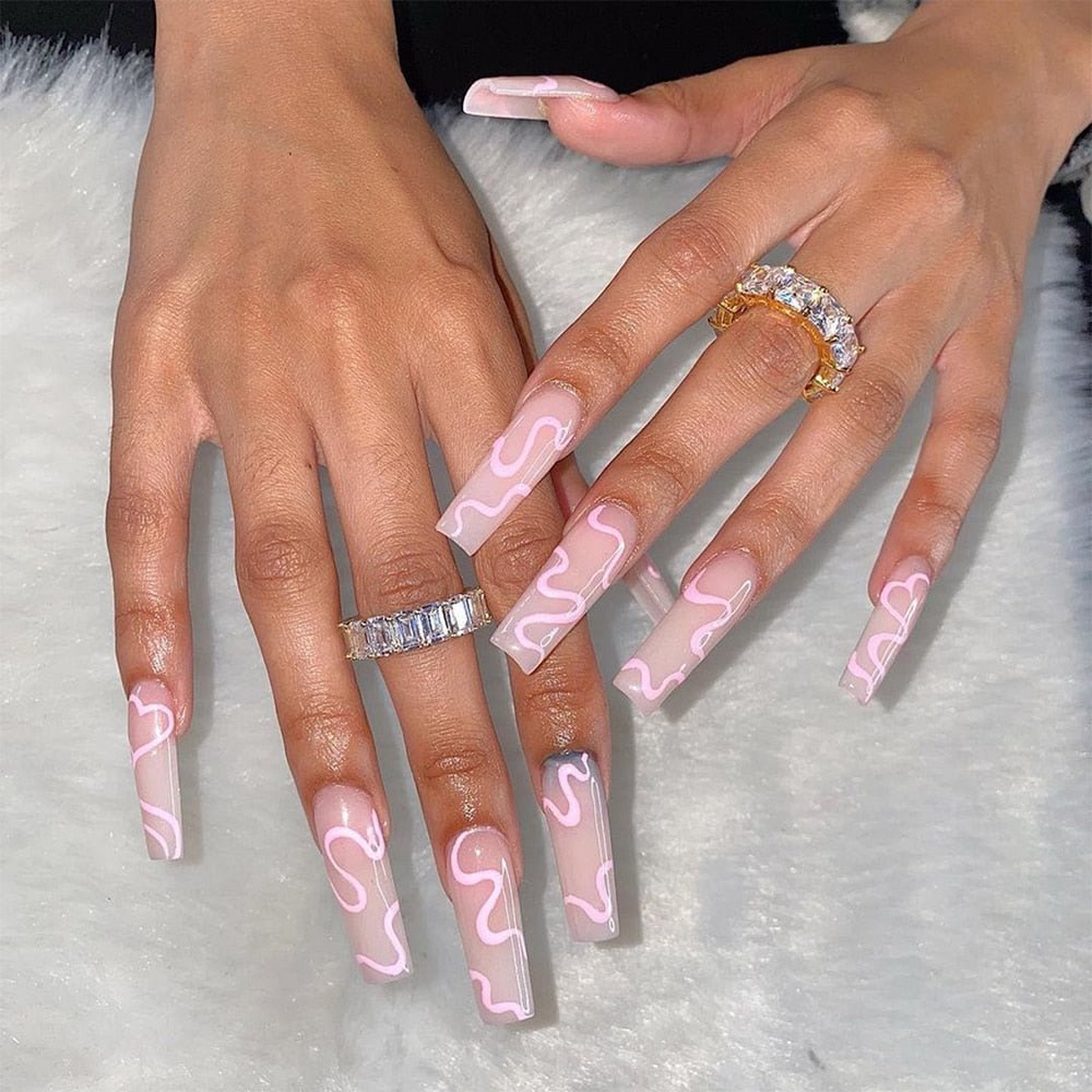 24pcs Detachable Pink Long Coffin False Nails Wearable Rhinestone Gradiant Ballerina Design Fake Nails Full Cover Press on Nail