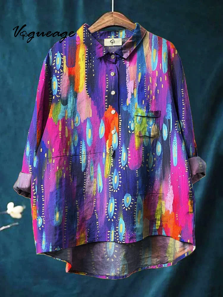 Fashion Art Colorful Bright Spots Printed Cotton And Linen Shirt