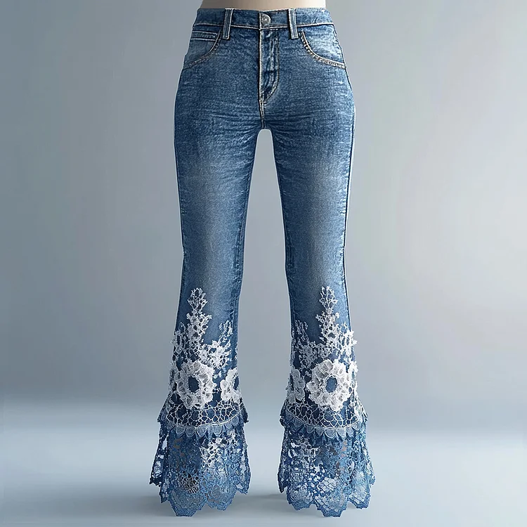 Ursime High Rise Floral Lace Flare Leg Denim Jeans
