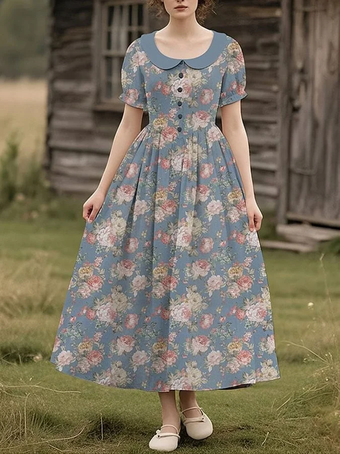 Women's Retro Floral Art Doll Collar Button Dress 