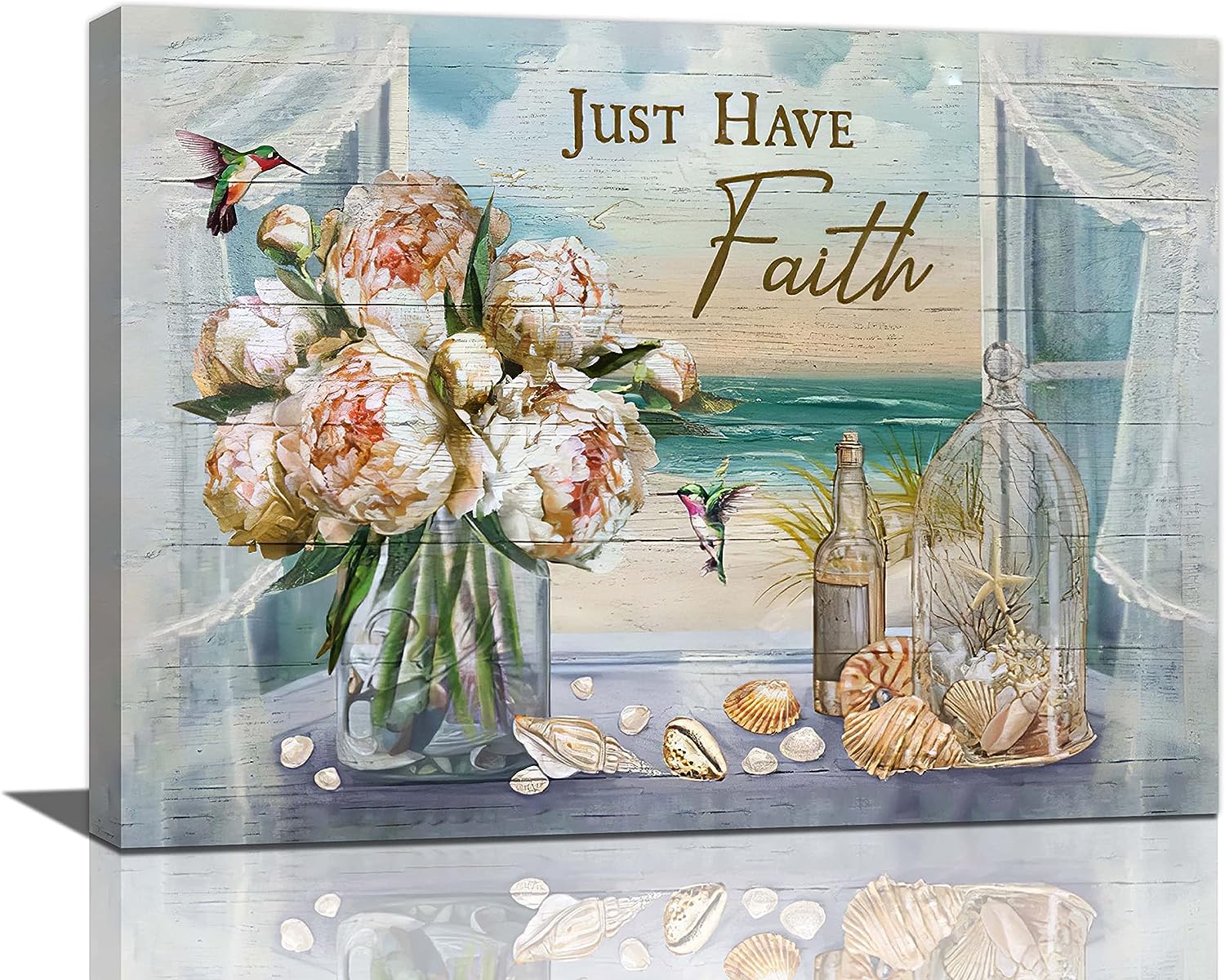Beach Flower Bathroom Wall Art Hummingbirds Floral Pictures Coastal Bathroom Wall Decor Beach Window Style Canvas Prints Painting Framed Artwork for Bathroom Living Room Bedroom 16 inch x12 inch  12&#034;x16&#034;