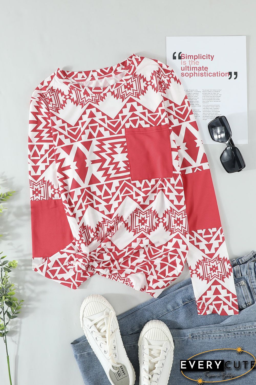 Red Aztec Print Splicing Pocket Long Sleeve Top