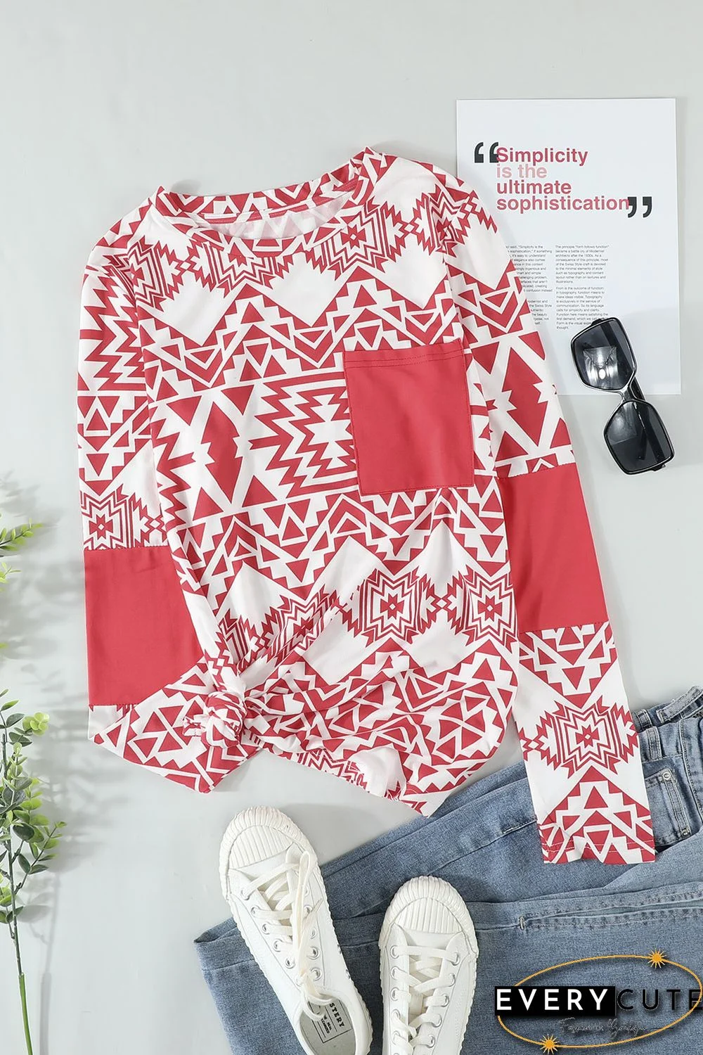 Red Aztec Print Splicing Pocket Long Sleeve Top
