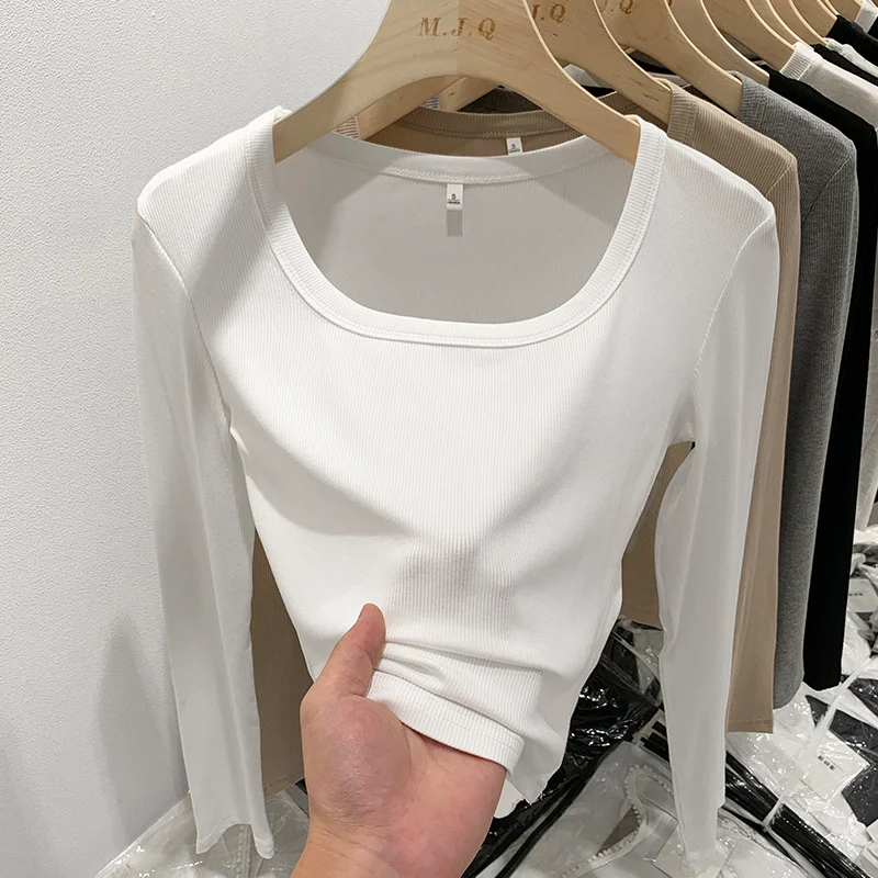 Ueong New Spring And Autumn Style Threaded Square Collar Long-Sleeved T-Shirt Women's High Waist Leaky Navel Minority Solid Color Undercoat