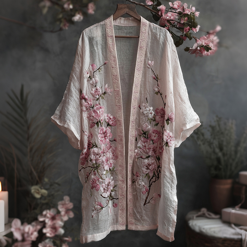 Japanese Art Sakura Flowing Linen Kimono wearshes