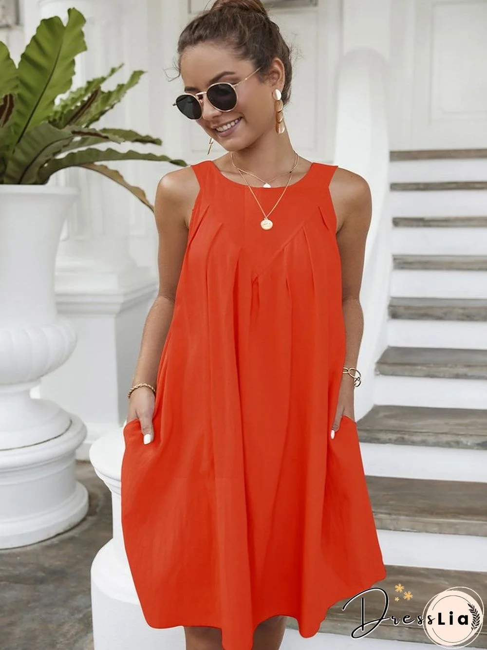 Casual Neck Pleated Dress