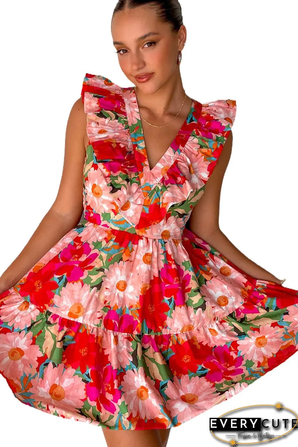 Red Floral Sleeveless V Neck Frill Mini Dress